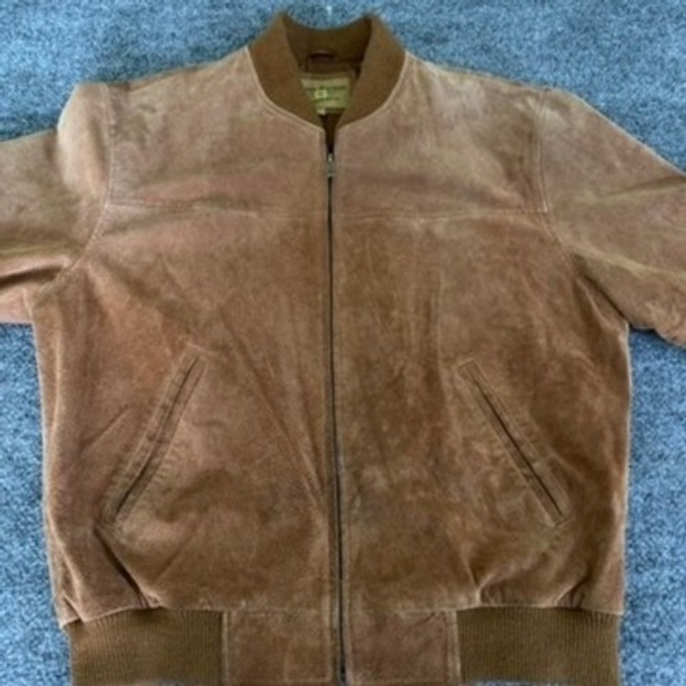 Boston Harbour Bomber Jacket Mens Large Suede Leather Full Zip Tan Brown Vintage